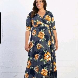 NWT Kiyonna Dress Meadow Dream Style Navy/Orange Floral 4x Maxi Wrap Dress Rare